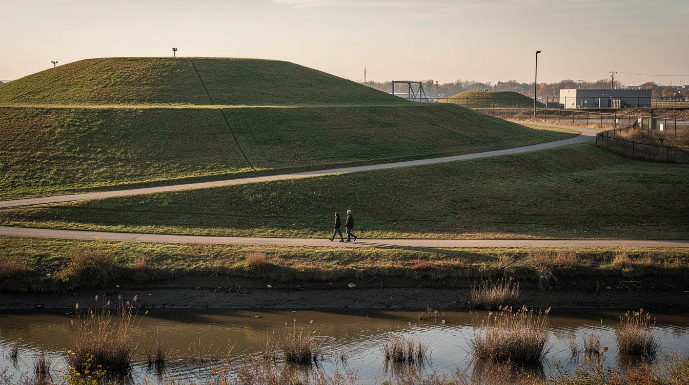 Editorial photograph of reclaimed landfill terrain on the western shore of Staten Island, New York: enormous.