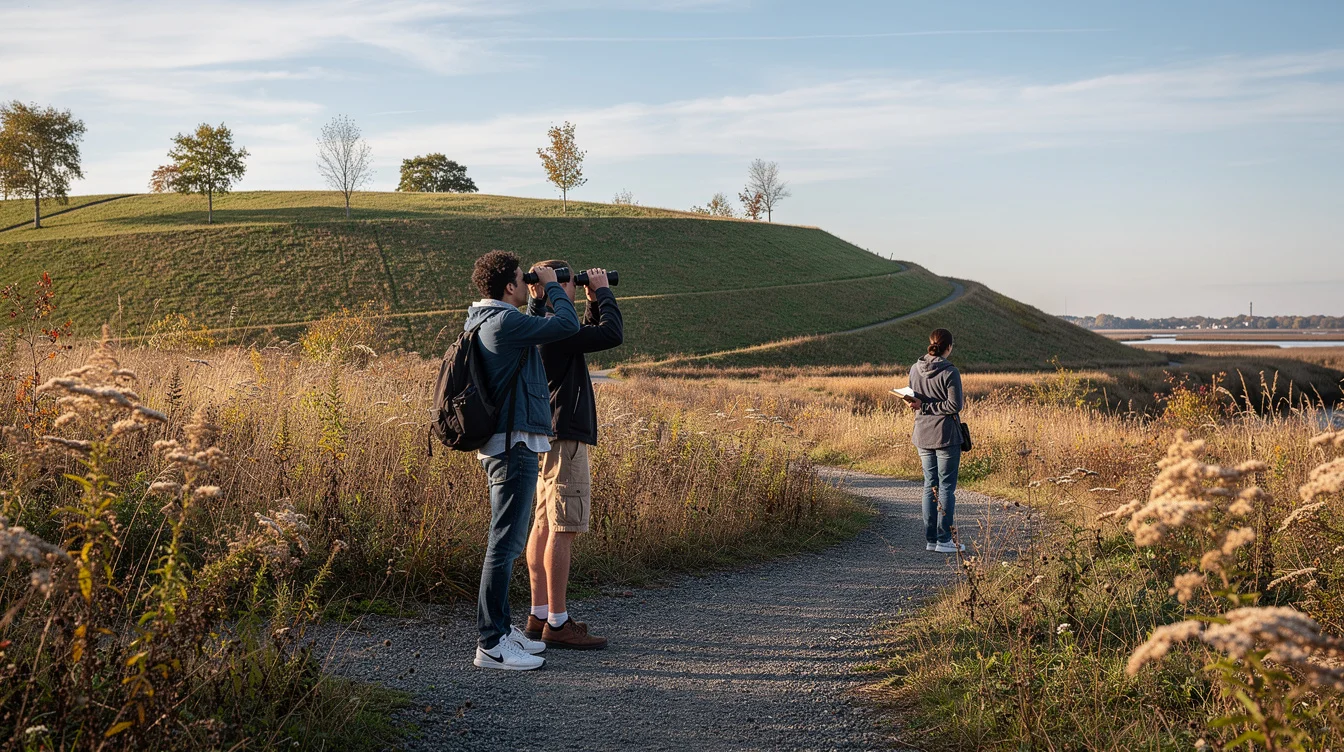 Ground-level editorial photograph on an authorised public trail through reclaimed landfill grassland in western Staten Island.