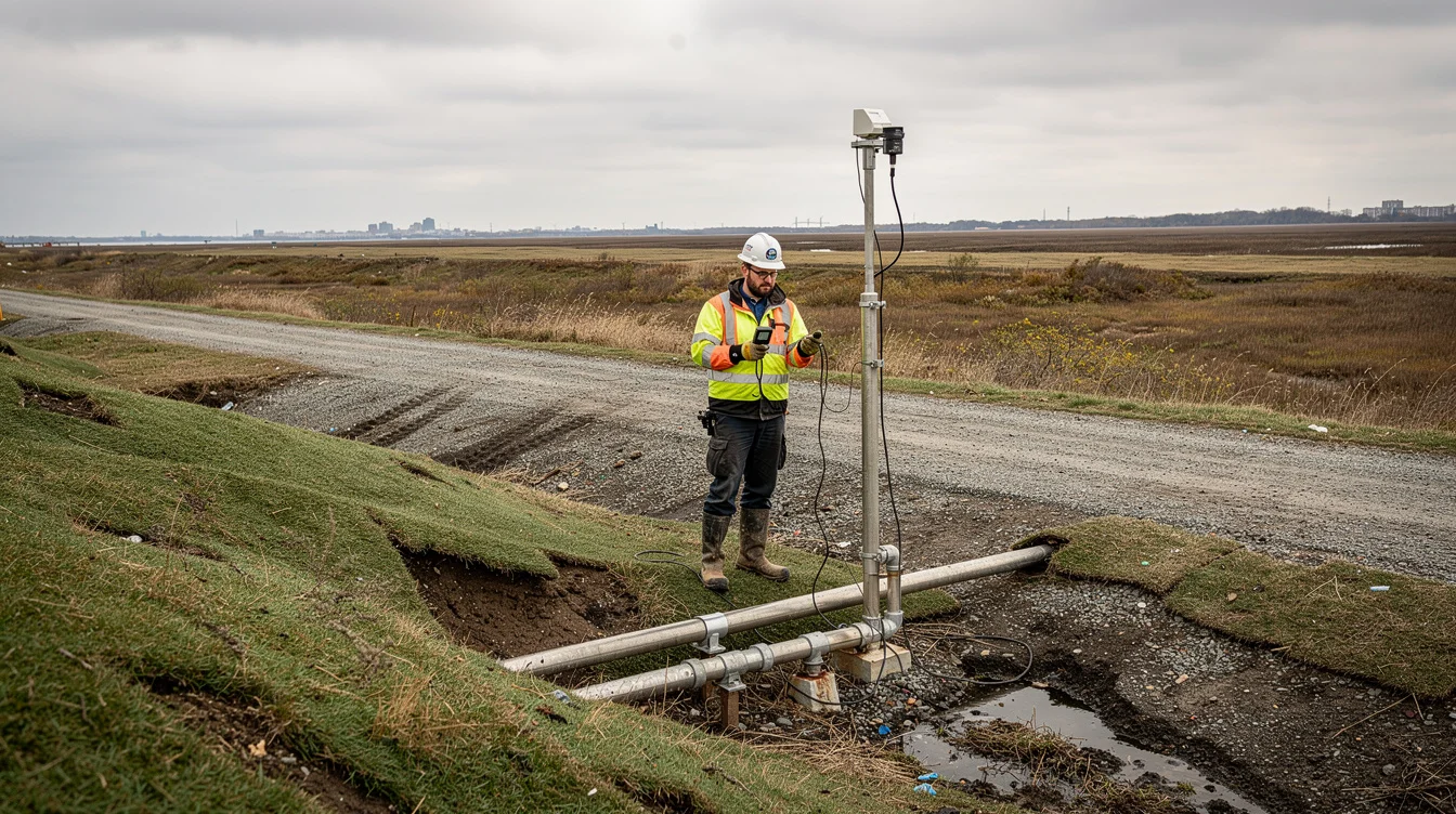 Editorial documentary photograph of a landfill maintenance worker inspecting an accessible gas-monitoring installation on a grass-covered.