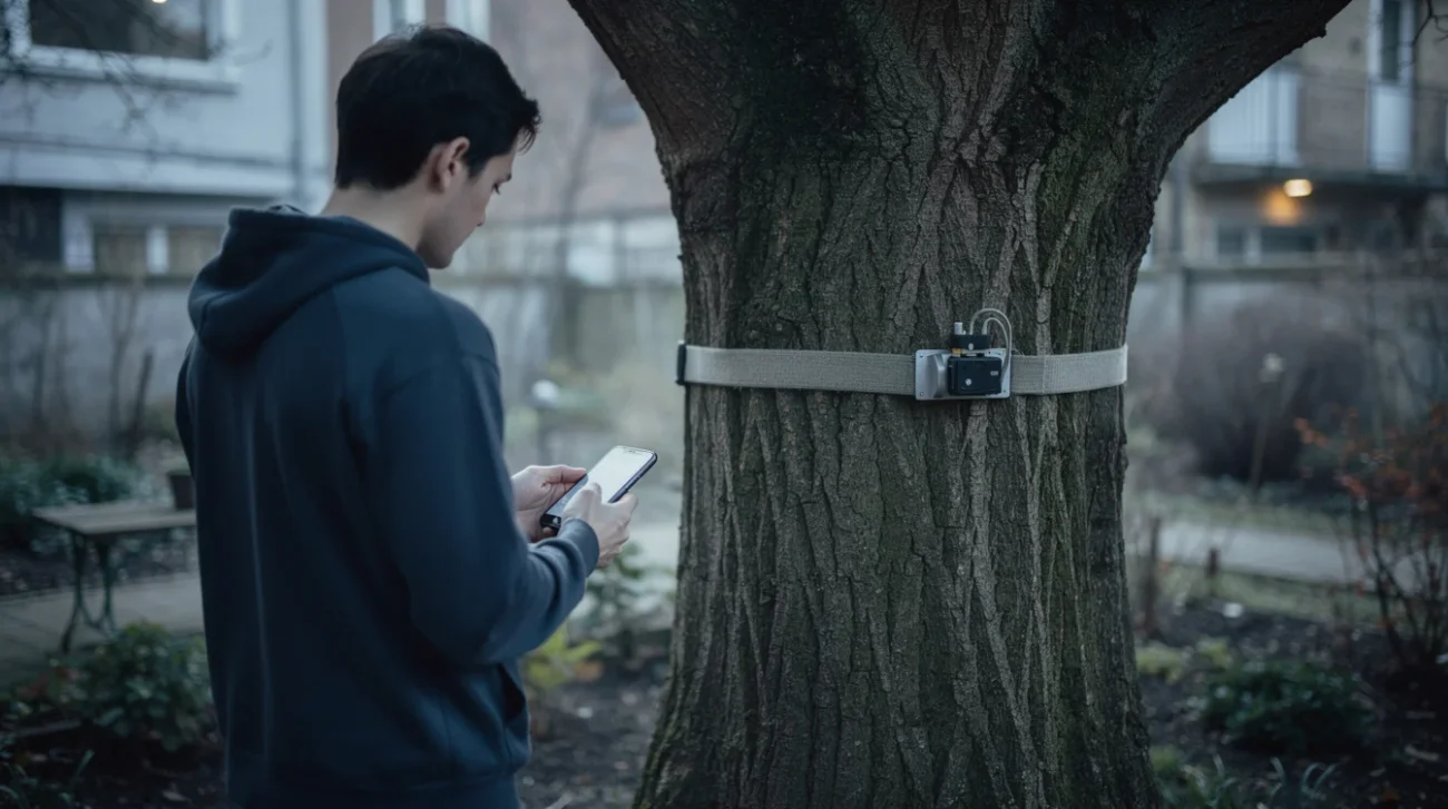 Staged editorial photograph exploring app-controlled wood-knocking: a person holding a smartphone stands several metres from.