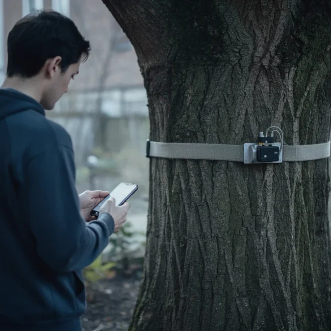 Staged editorial photograph exploring app-controlled wood-knocking: a person holding a smartphone stands several metres from.