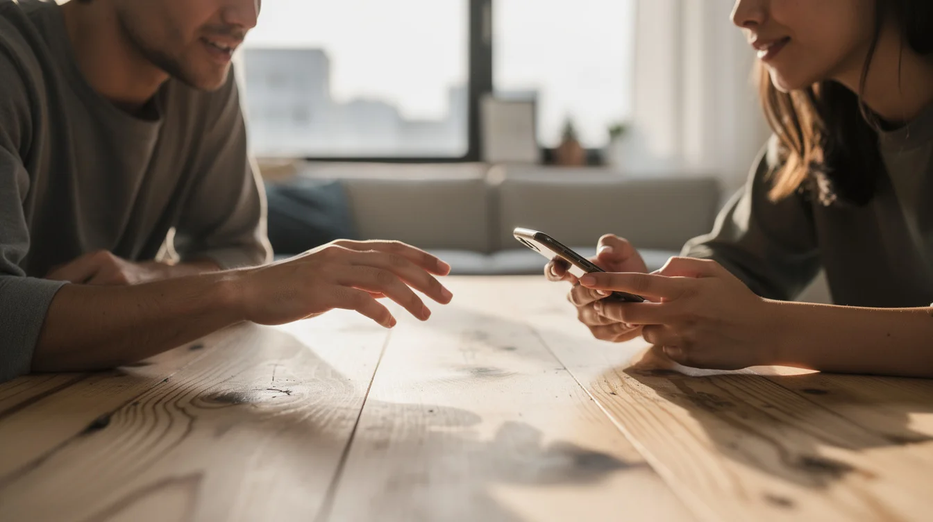 Close editorial photograph of two people beside an unvarnished wooden table in a contemporary apartment. One.