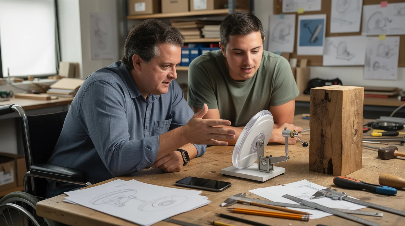 Editorial photograph inside a working product-design studio: a designer and a wheelchair user evaluate a large.