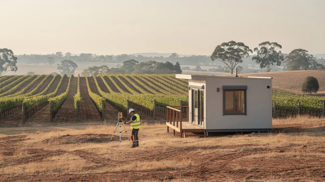 Editorial photograph illustrating a relocatable dwelling in a New South Wales vineyard, Australia: a modest contemporary.