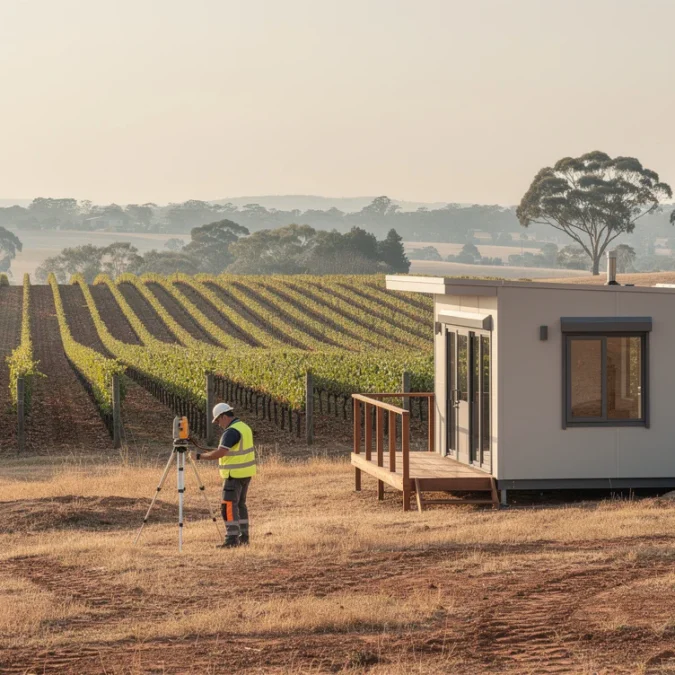 Editorial photograph illustrating a relocatable dwelling in a New South Wales vineyard, Australia: a modest contemporary.