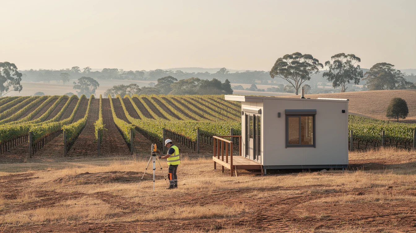 Editorial photograph illustrating a relocatable dwelling in a New South Wales vineyard, Australia: a modest contemporary.