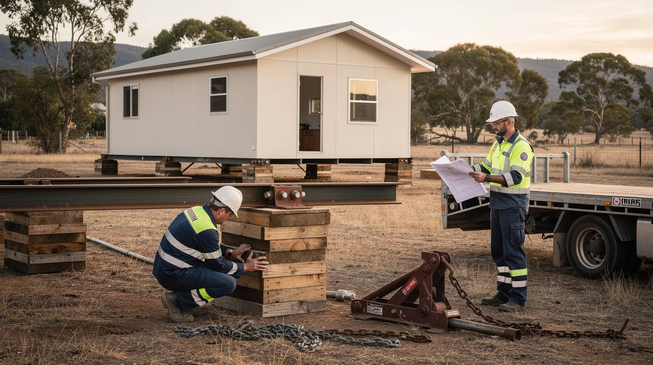 Editorial photograph of a house-relocation crew at a rural New South Wales staging yard, inspecting steel.