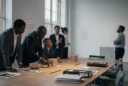 Conceptual editorial photograph of a preparatory curatorial discussion in a contemporary London design museum, not.