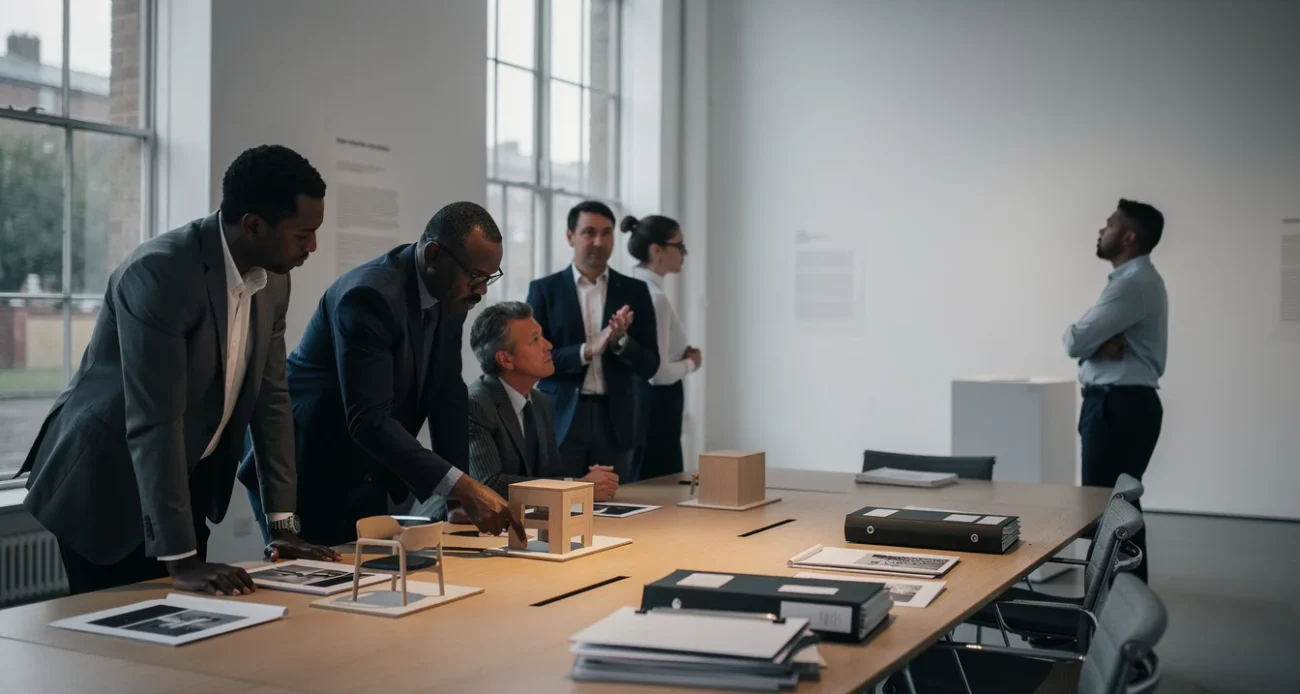 Conceptual editorial photograph of a preparatory curatorial discussion in a contemporary London design museum, not.