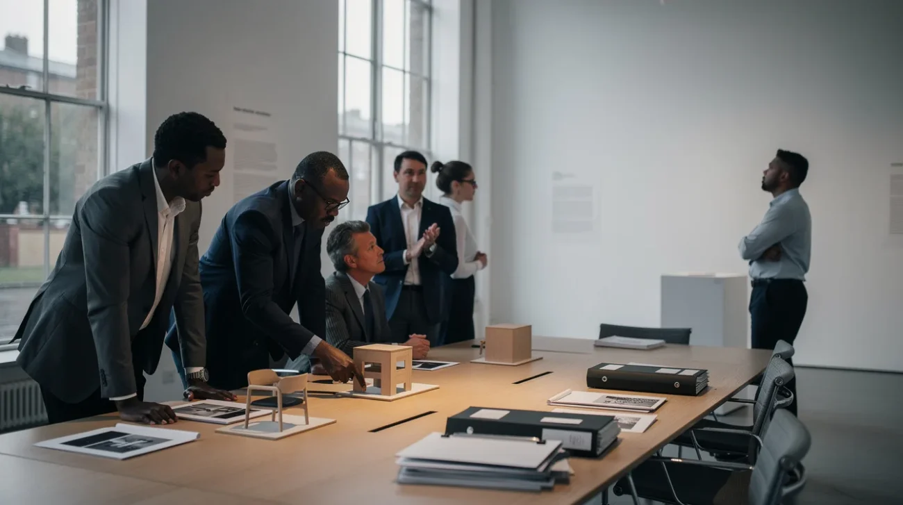 Conceptual editorial photograph of a preparatory curatorial discussion in a contemporary London design museum, not.