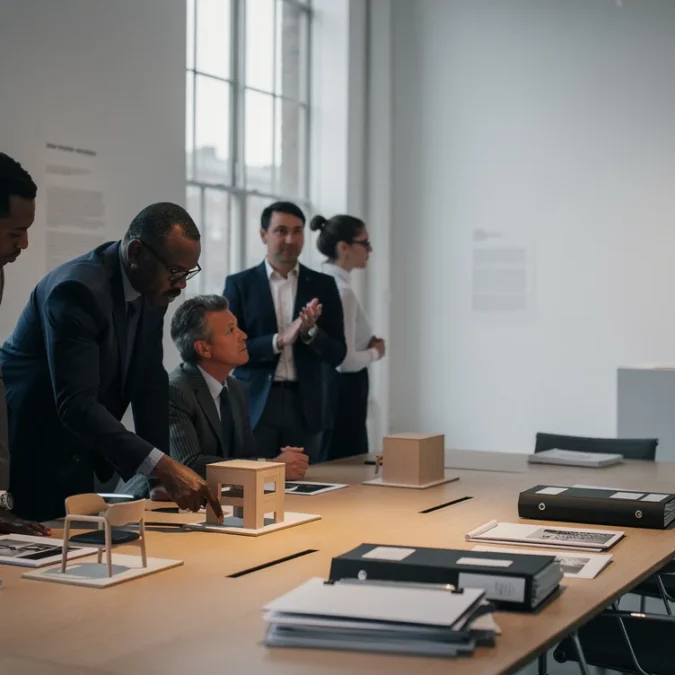 Conceptual editorial photograph of a preparatory curatorial discussion in a contemporary London design museum, not.