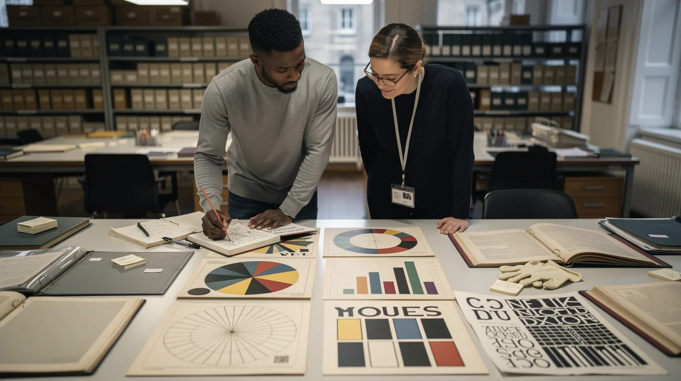 Editorial photograph in a London museum study room: a Black graphic designer and an archivist examine.