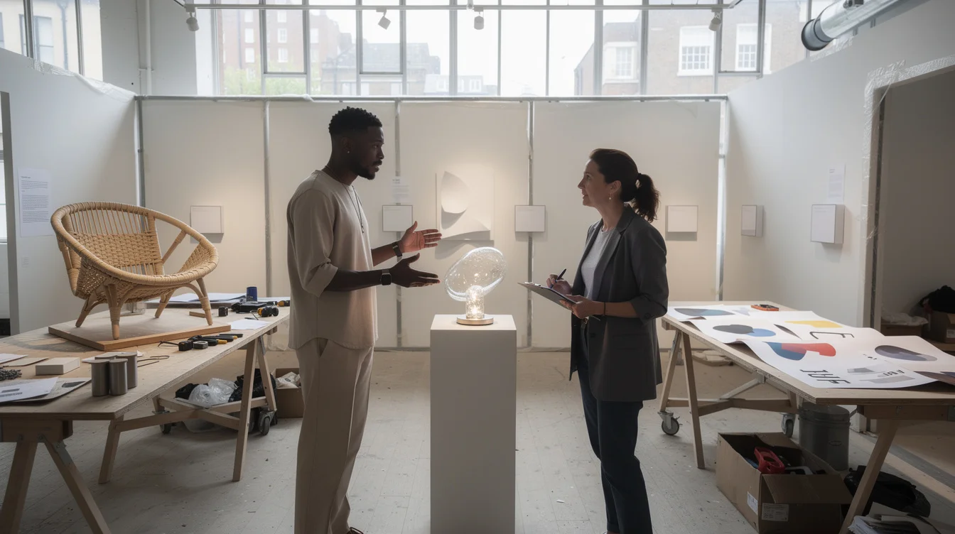 Conceptual editorial photograph inside a partially installed London design exhibition. A Black furniture designer discusses.