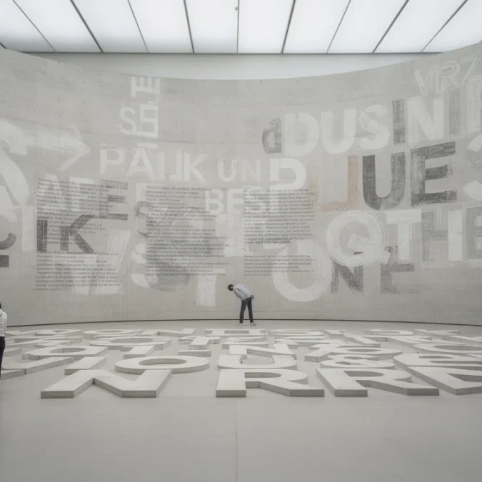 Editorial photograph inside a Paris contemporary art museum, a monumental curved concrete exhibition wall and floor.