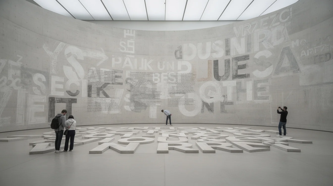 Editorial photograph inside a Paris contemporary art museum, a monumental curved concrete exhibition wall and floor.
