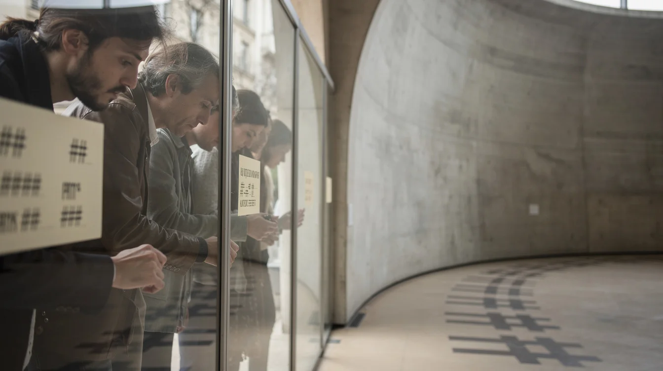 Eye-level editorial photograph in a Paris museum passage, visitors leaning toward glass display cases containing text-based.
