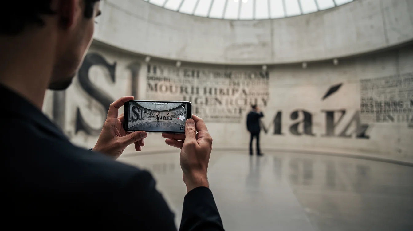 Over-the-shoulder editorial photograph of a visitor photographing monumental typographic art in a circular concrete gallery.