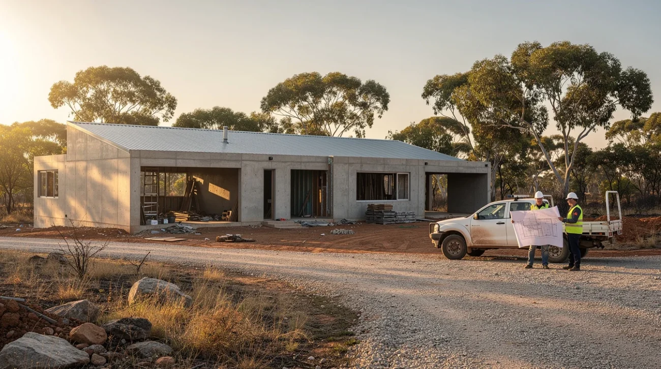 Editorial photograph of an unfinished contemporary concrete residence with a corrugated-metal roof in Australian bushland, viewed.