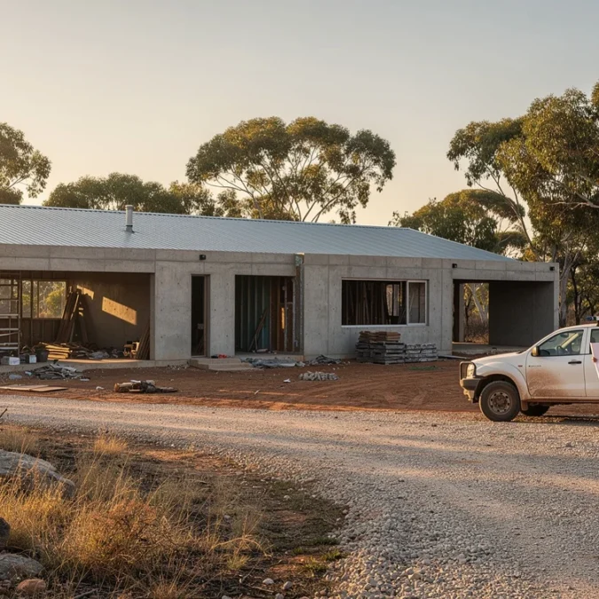 Editorial photograph of an unfinished contemporary concrete residence with a corrugated-metal roof in Australian bushland, viewed.