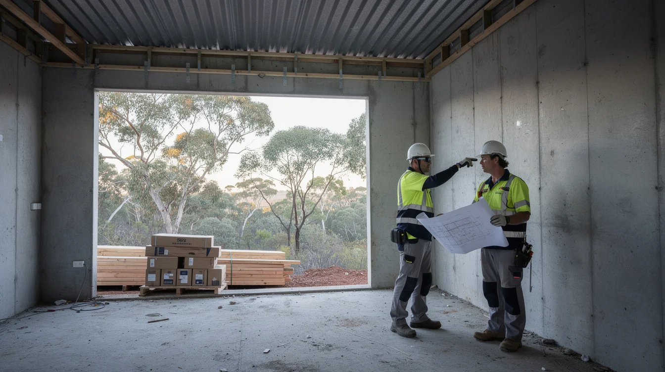 Editorial photograph inside an unfinished concrete house in Australian bushland, looking toward an unglazed window opening.
