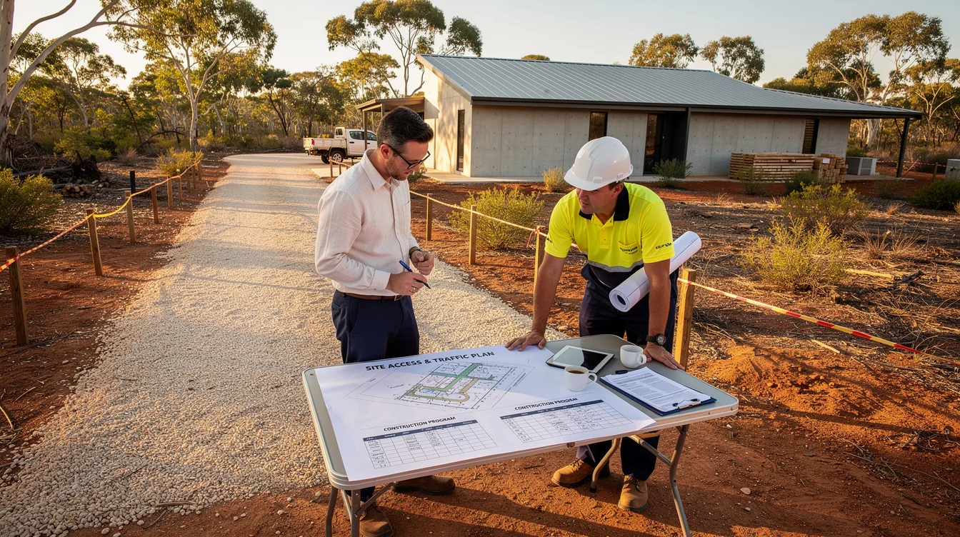 Editorial photograph of a construction-site planning meeting beside a contemporary concrete residence with a corrugated-metal roof.