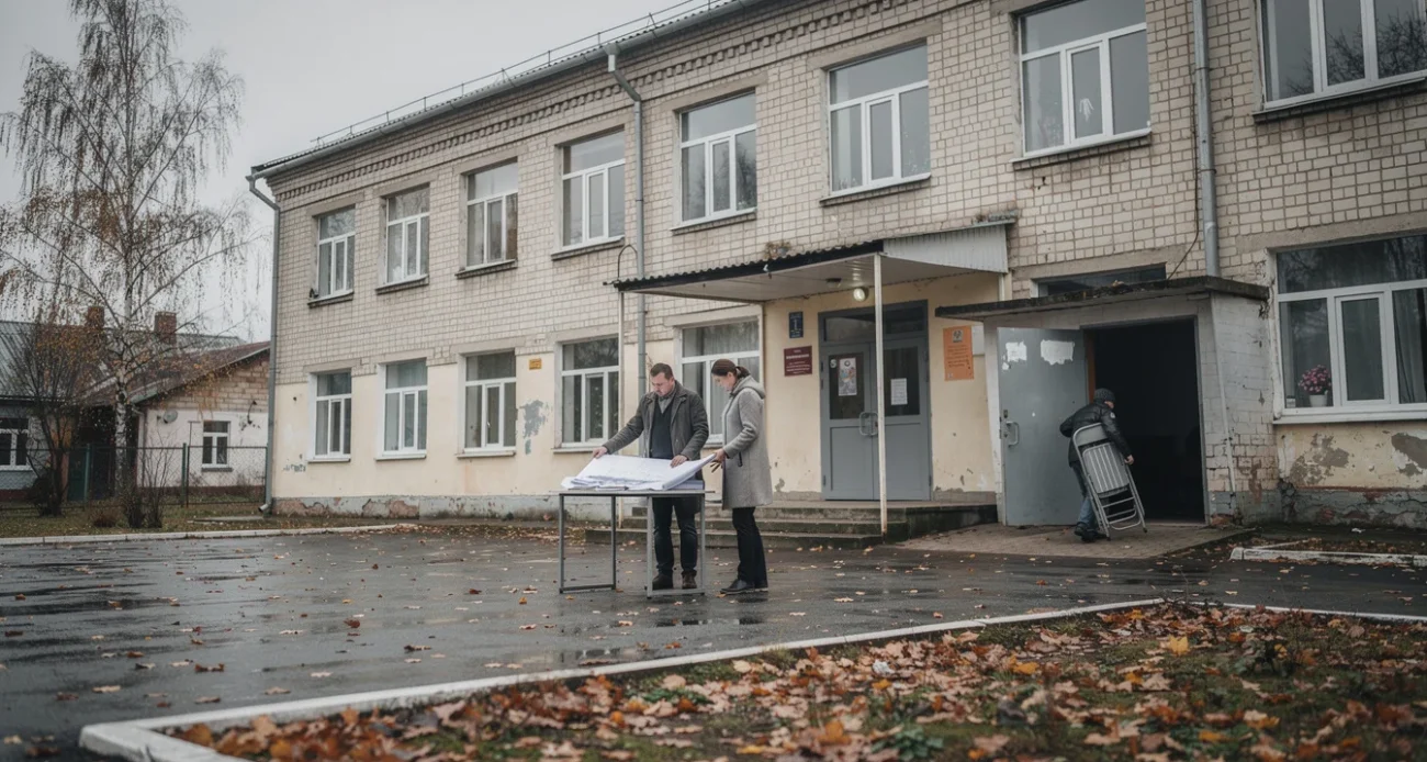 Illustrative editorial photograph at a former school in a small town in Kyiv Oblast, Ukraine, not.
