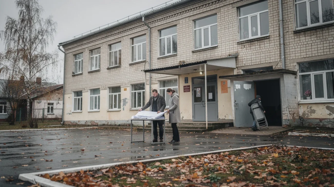 Illustrative editorial photograph at a former school in a small town in Kyiv Oblast, Ukraine, not.