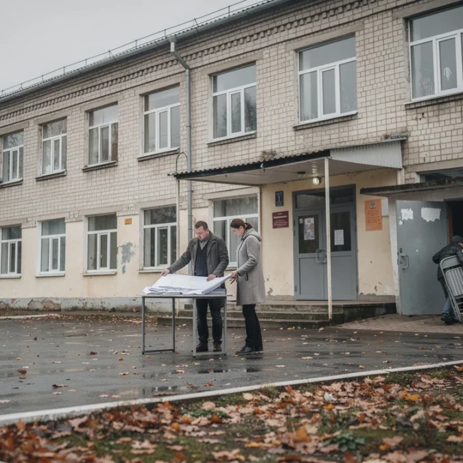 Illustrative editorial photograph at a former school in a small town in Kyiv Oblast, Ukraine, not.