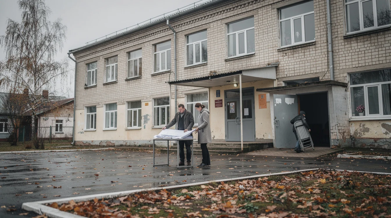 Illustrative editorial photograph at a former school in a small town in Kyiv Oblast, Ukraine, not.