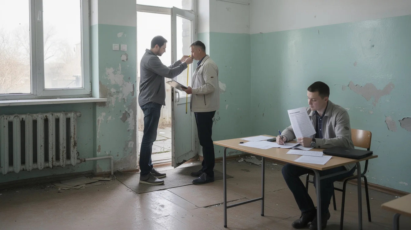 Editorial photograph of an illustrative school-conversion survey in Kyiv Oblast, Ukraine. Inside an empty classroom.