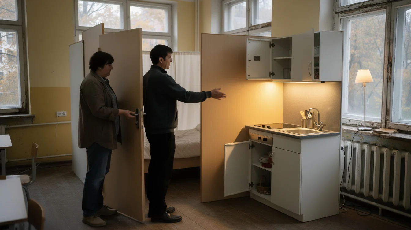 Staged editorial photograph of a full-scale temporary-housing room mock-up inside a former Ukrainian school, not.