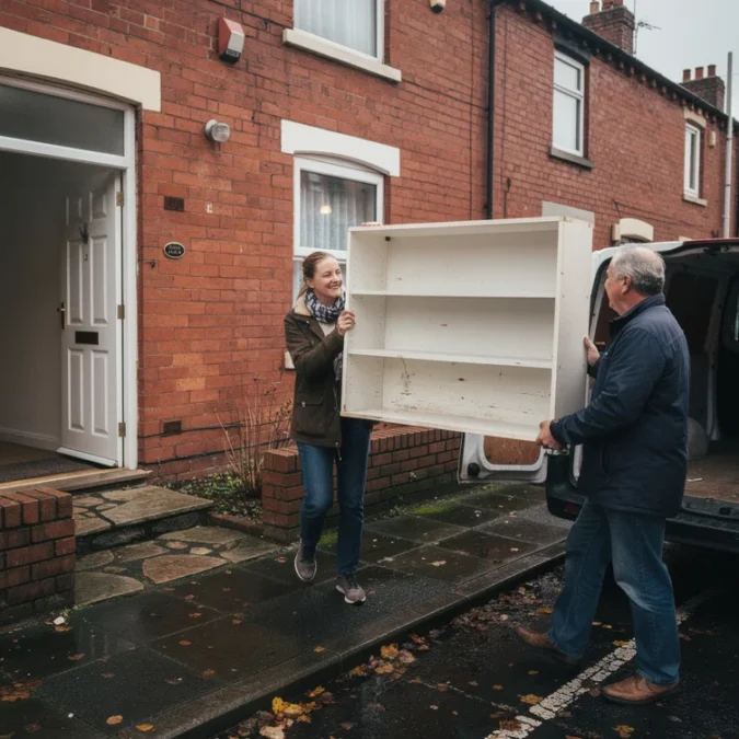 Editorial photograph of a second-hand IKEA furniture handover outside a modest terraced home in Manchester: two.