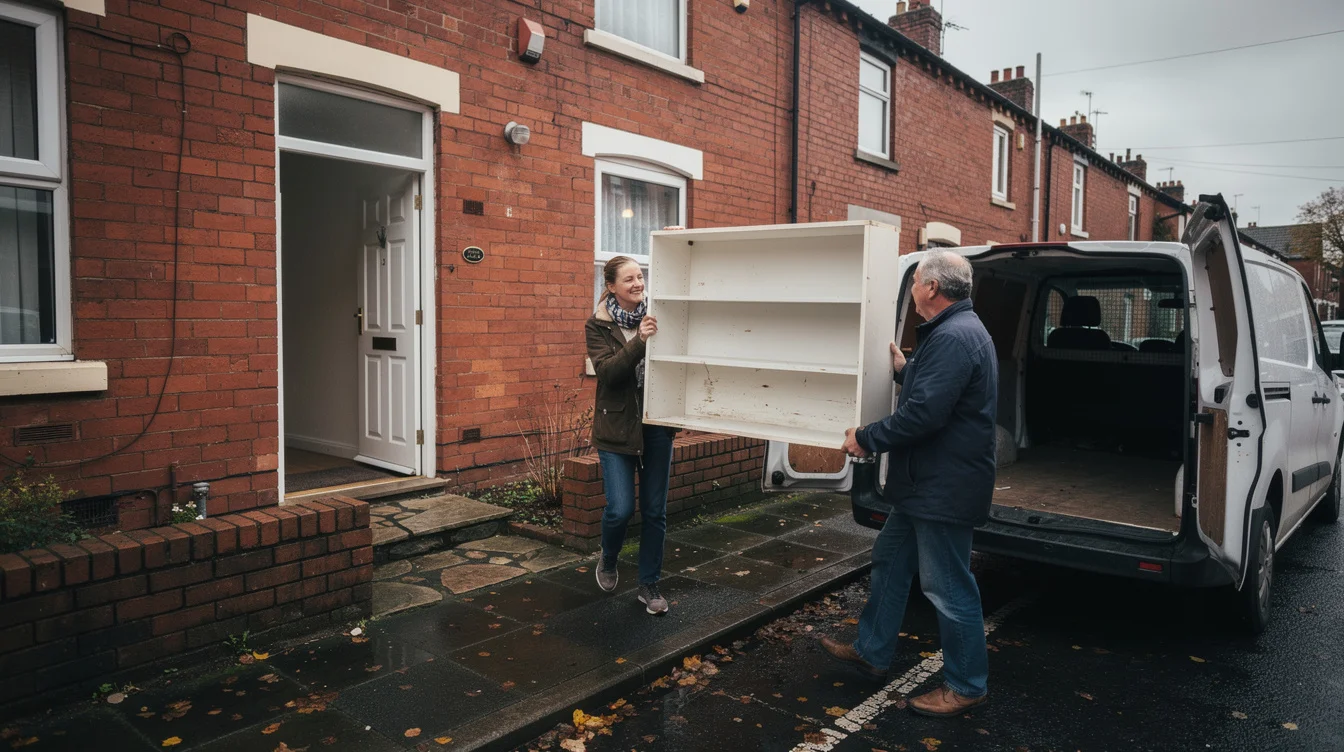 Editorial photograph of a second-hand IKEA furniture handover outside a modest terraced home in Manchester: two.