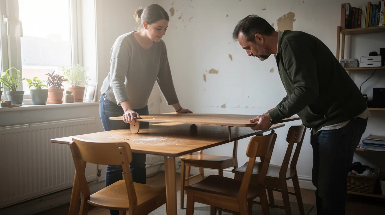 Editorial photograph inside a lived-in Dublin rental flat, where a buyer and seller inspect a second-hand.