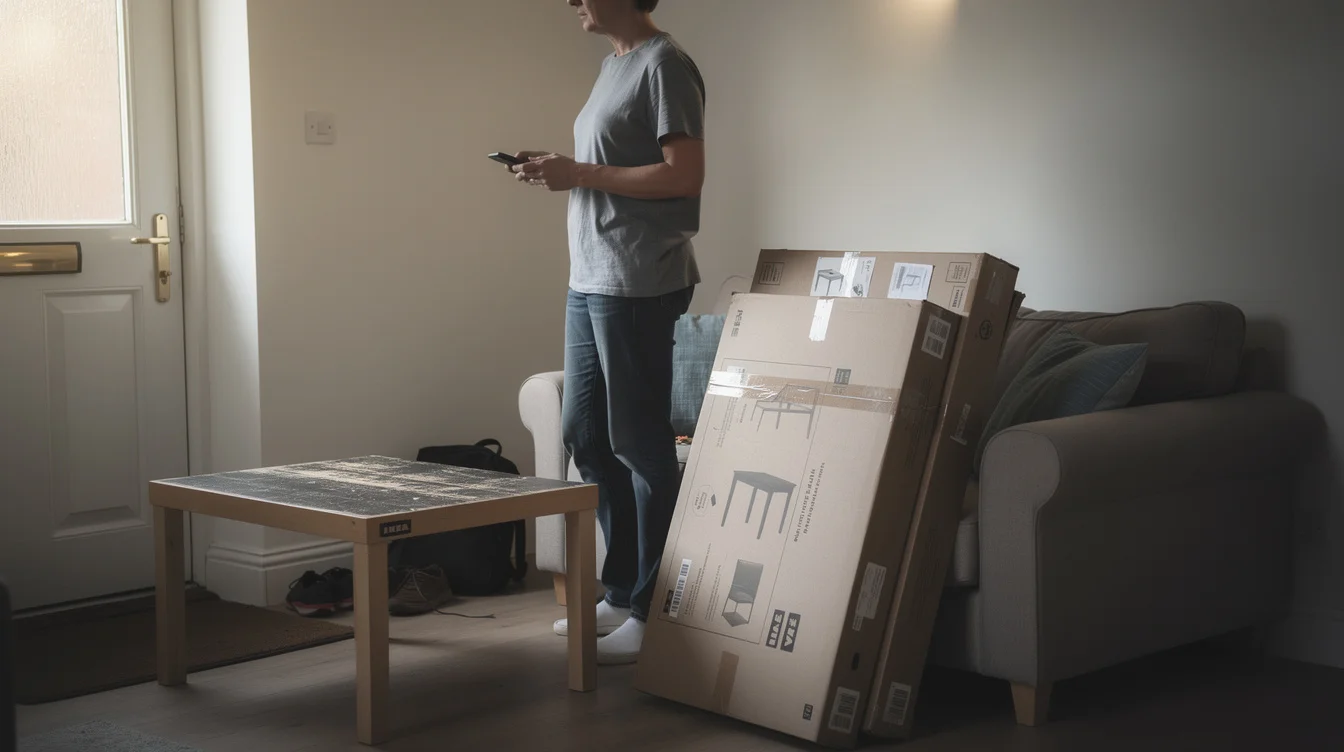 Editorial photograph in a compact British living room during a furniture changeover: a scratched IKEA coffee.