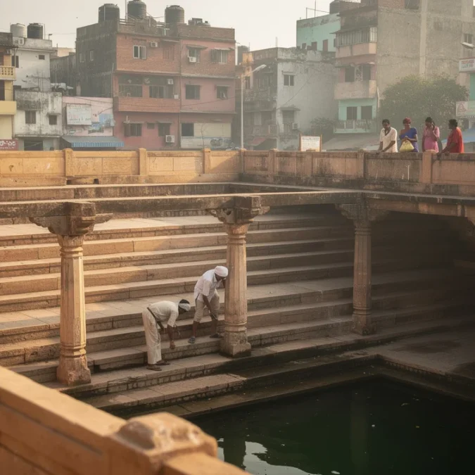 Editorial photograph of a historic sandstone stepwell in Rajasthan, India, viewed diagonally from an upper landing.