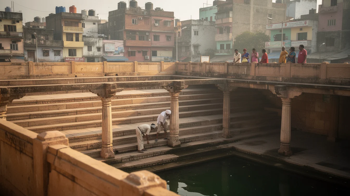 Editorial photograph of a historic sandstone stepwell in Rajasthan, India, viewed diagonally from an upper landing.