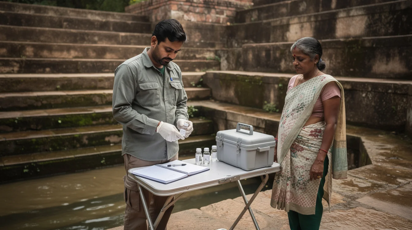 Documentary editorial photograph at a historic urban stepwell in Telangana, India: a water-quality technician wearing gloves.