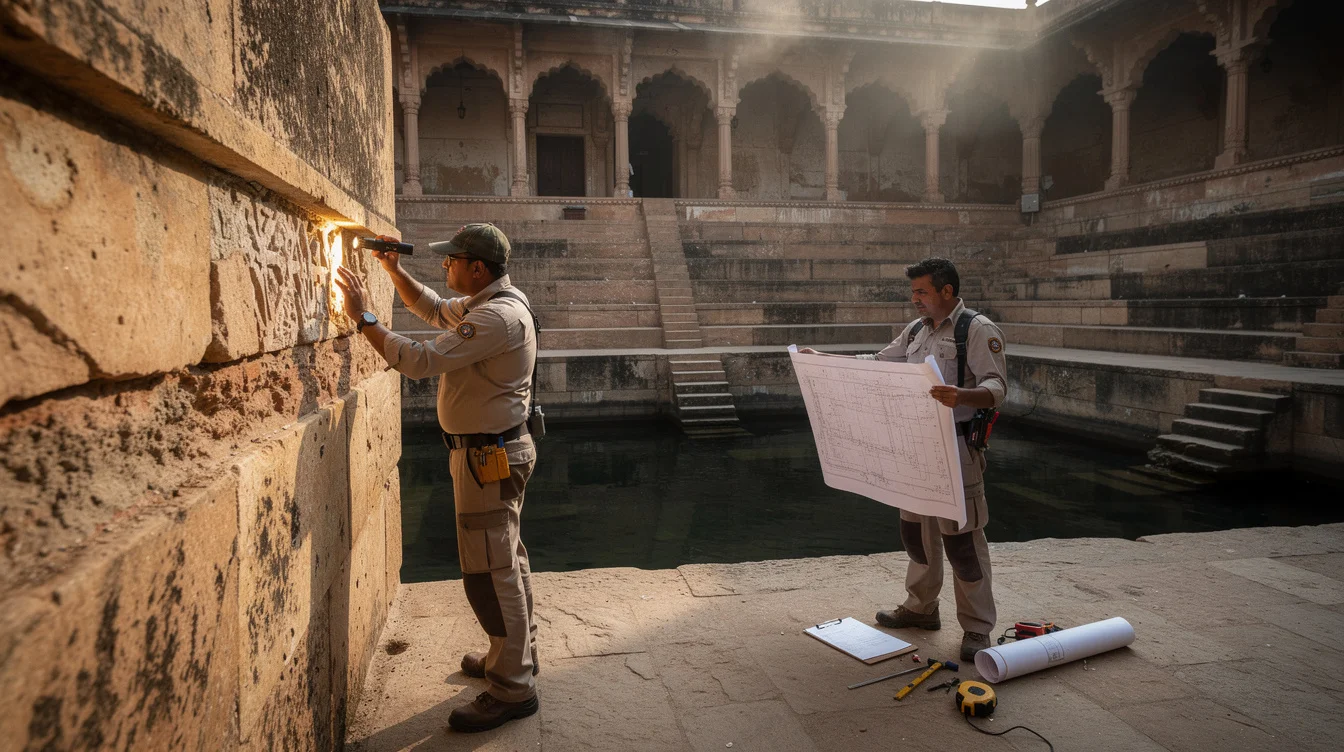 Wide editorial photograph of a conservation inspection inside a historic limestone stepwell in western India..