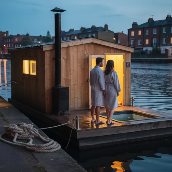 Editorial photograph of a modest floating, wood-fired sauna on a London waterway at blue hour, viewed.