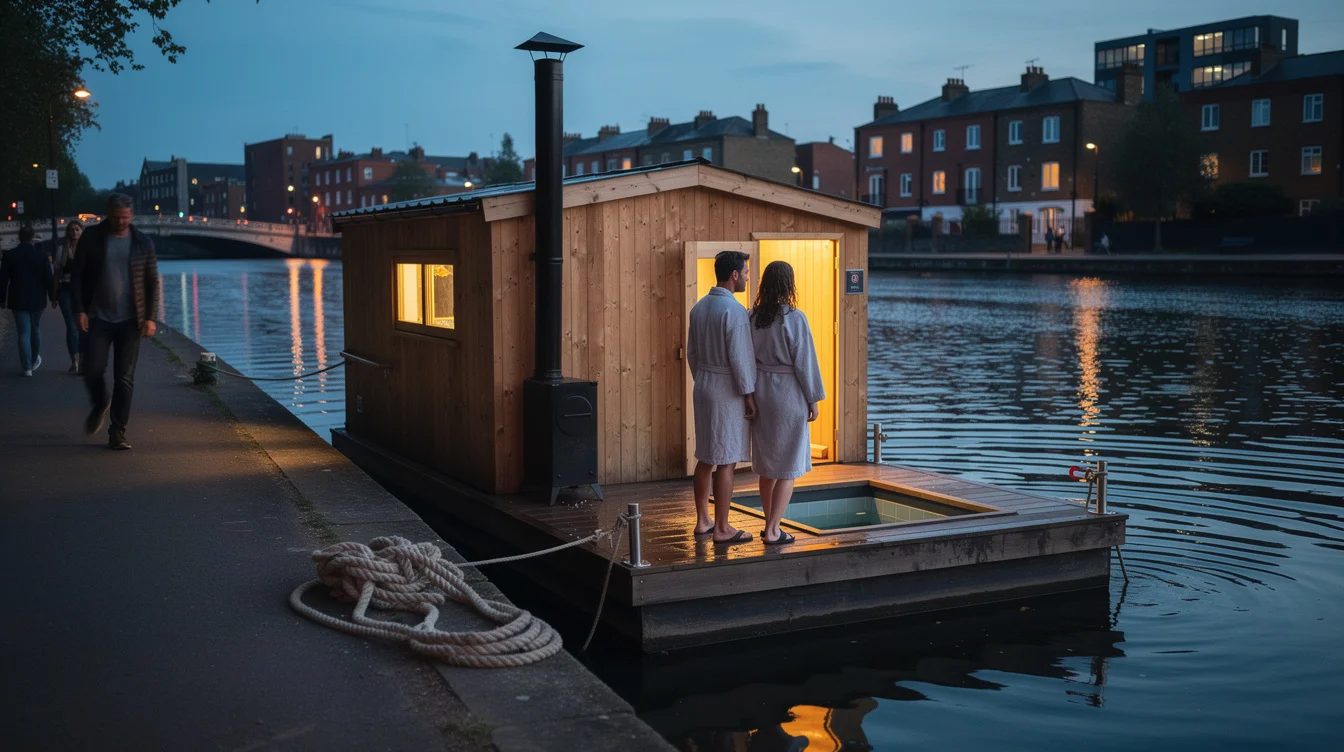 Editorial photograph of a modest floating, wood-fired sauna on a London waterway at blue hour, viewed.