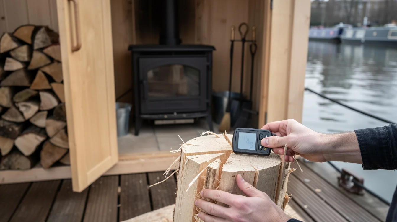 Close editorial photograph at a floating sauna on a London waterway: an attendant’s hands use.