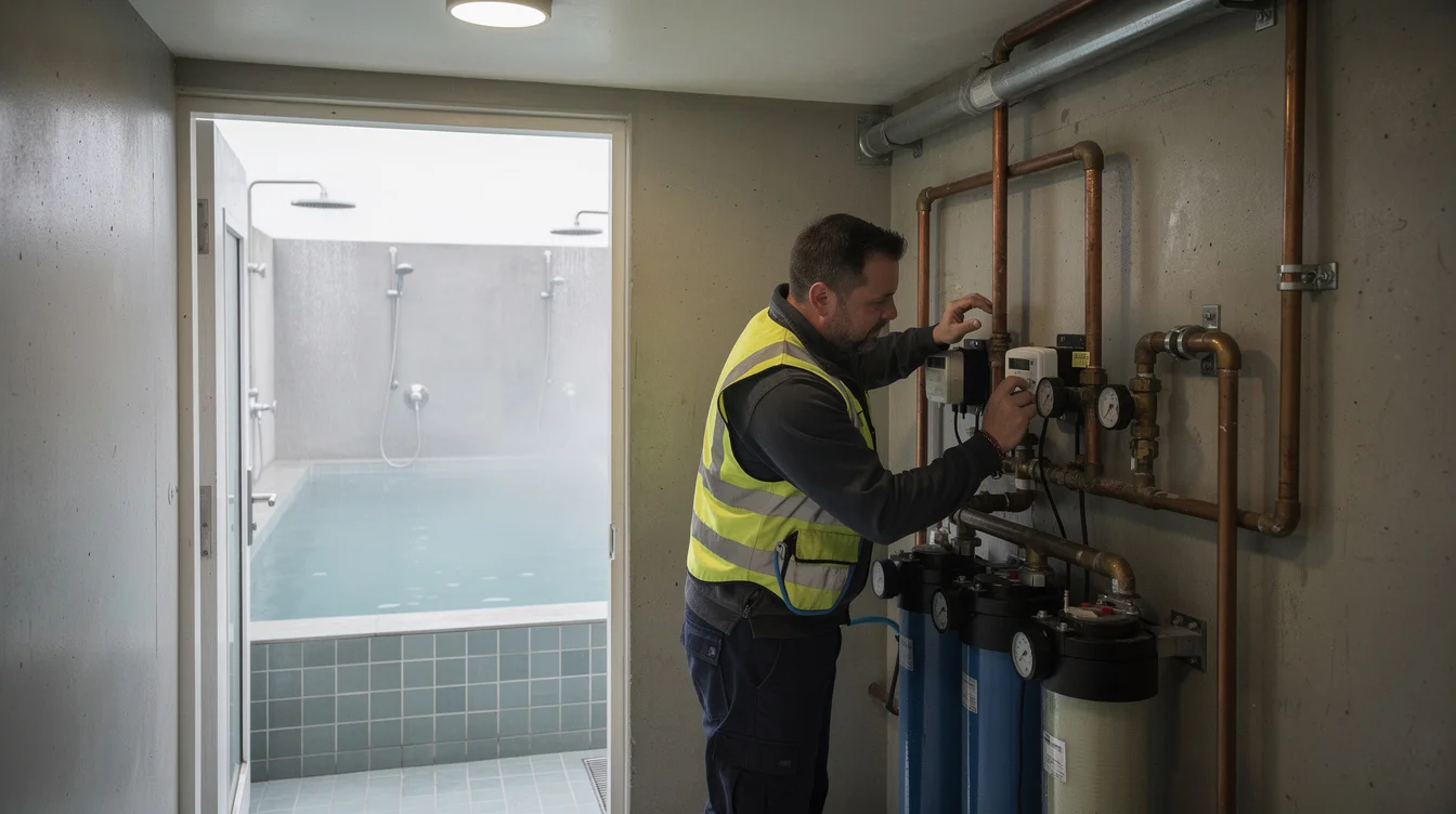 Documentary editorial photograph inside the service area of a floating urban bathhouse on a London waterway..