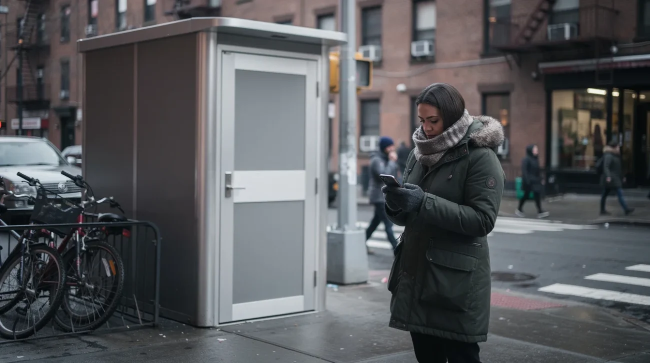 Editorial photograph of a freestanding modular public toilet on a New York City sidewalk, an adult.