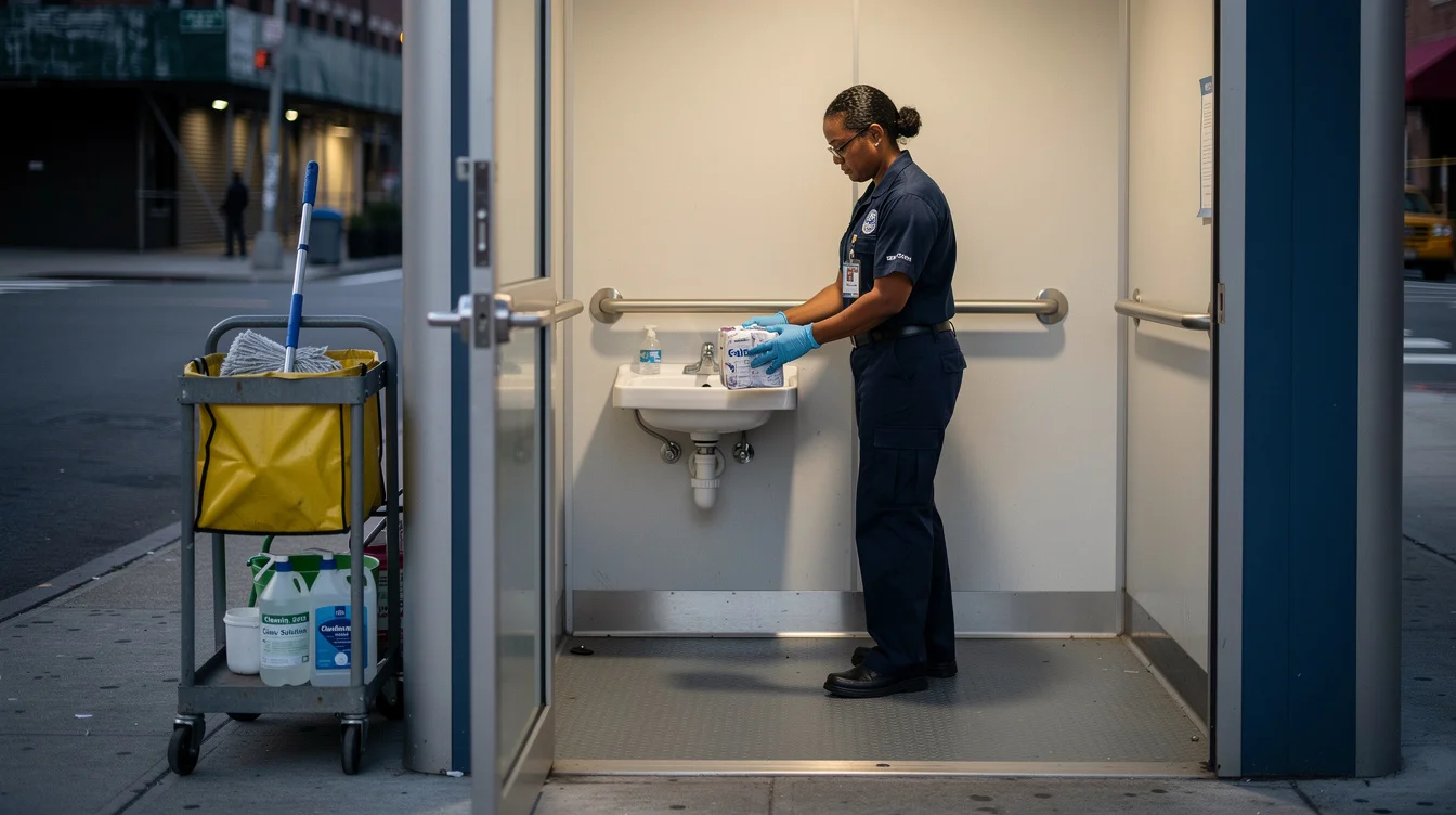 Wide editorial photograph of routine maintenance inside a compact modular public toilet in New York City.