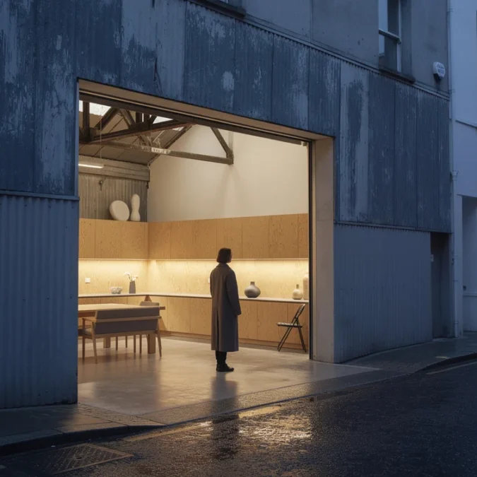 Editorial photograph of a former furniture workshop converted into a high-end London home, viewed from.