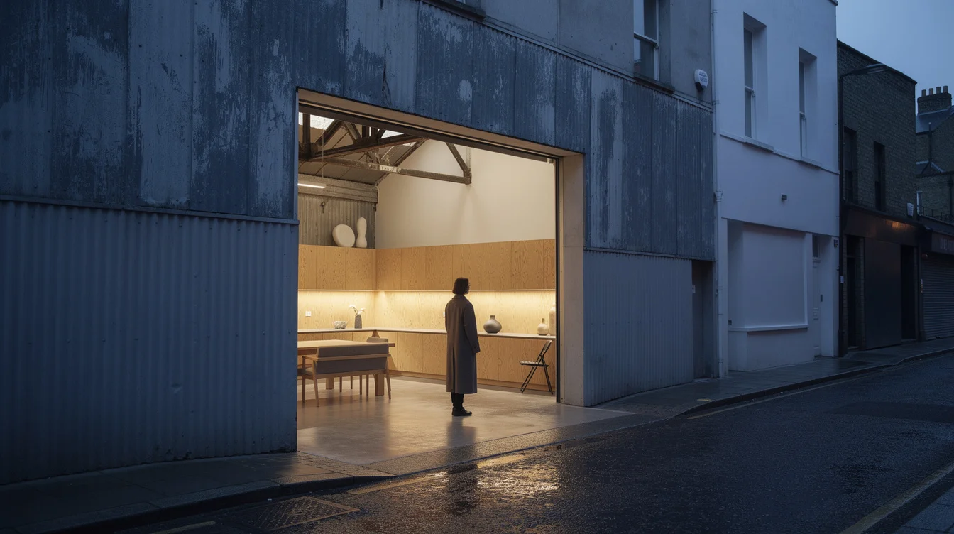 Editorial photograph of a former furniture workshop converted into a high-end London home, viewed from.