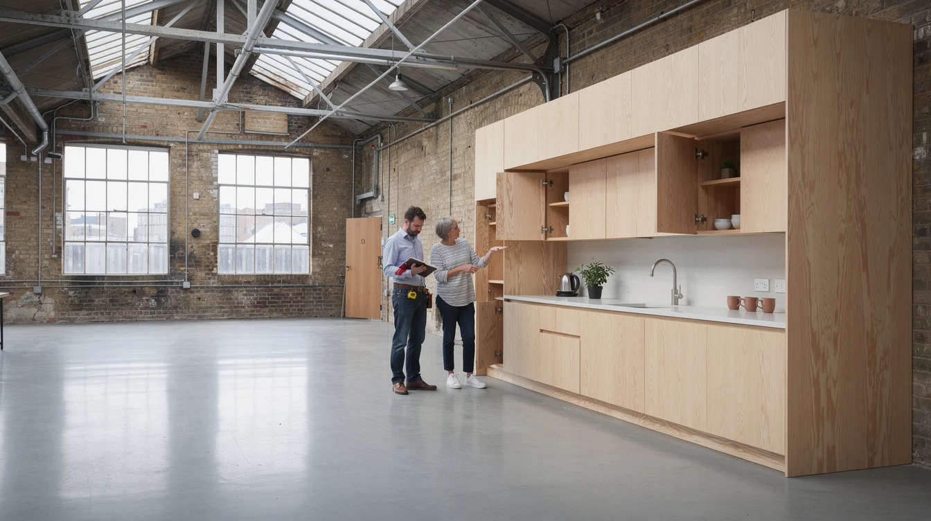 Editorial interior photograph inside a converted London industrial workshop, with a soaring ceiling above polished concrete.