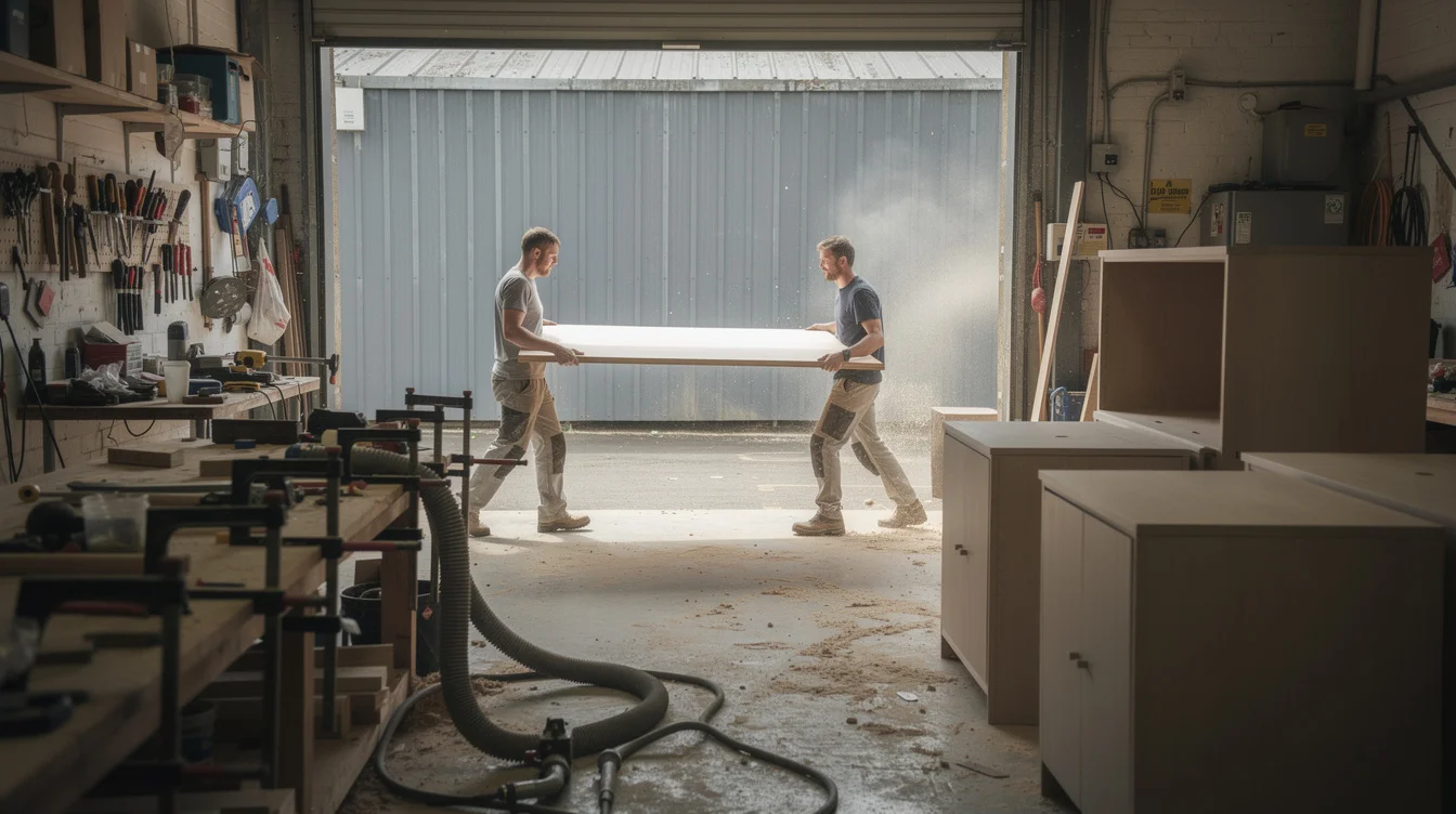 Editorial photograph of an active furniture workshop in London on a grey weekday morning. Two makers.