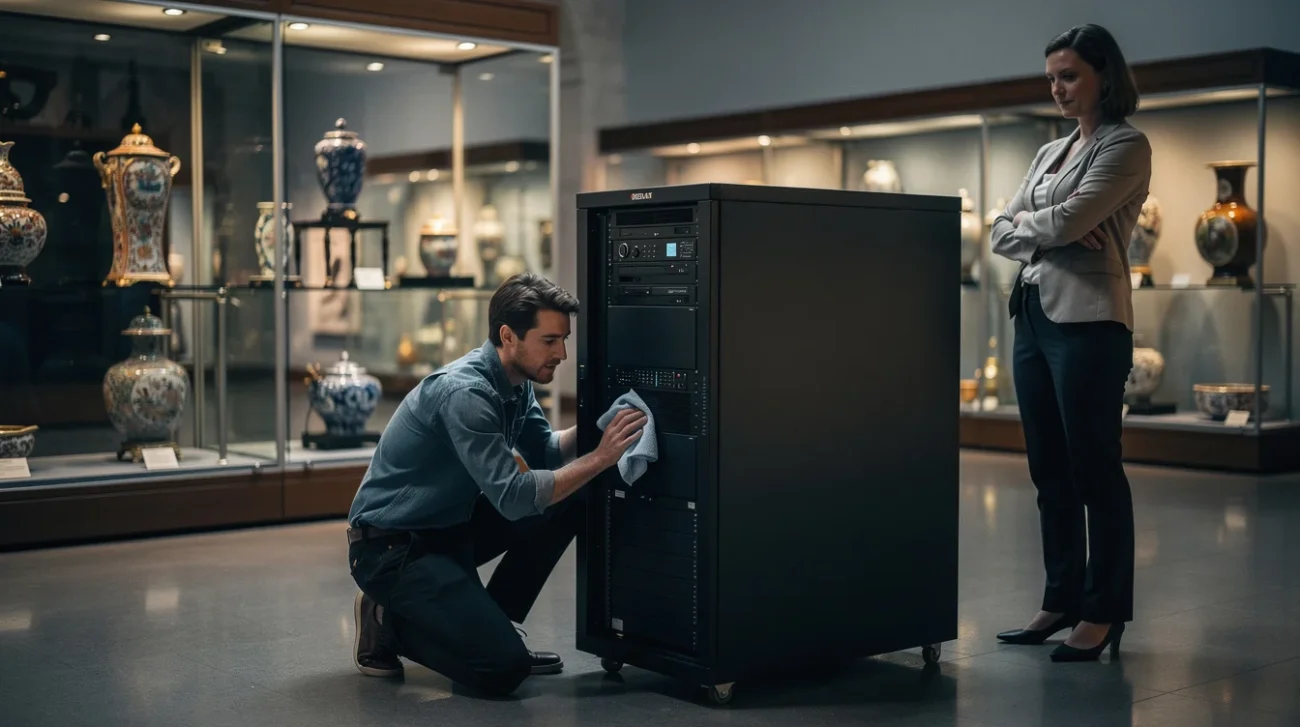 Staged editorial photograph in a London decorative-arts museum gallery, interpreting a playable data-centre cleaning experience rather.